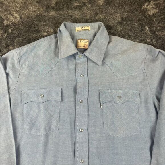 Vtg 80s Levi's White Tab Chambray Western Pearl Snap Long Sleeve Denim L - Picture 2 of 13